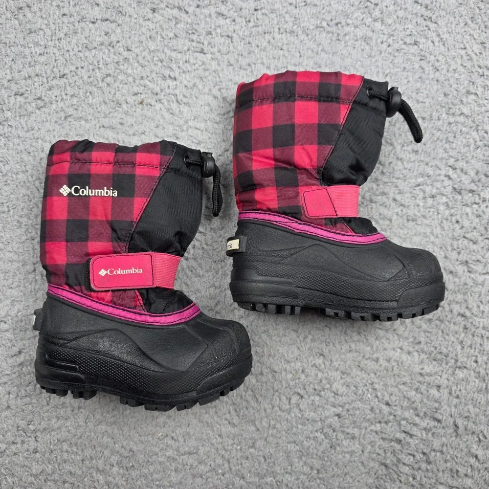 Columbia Powderbug Plus II Snow Boots Kids Size 6 Red Black Buffalo Plaid Plaid